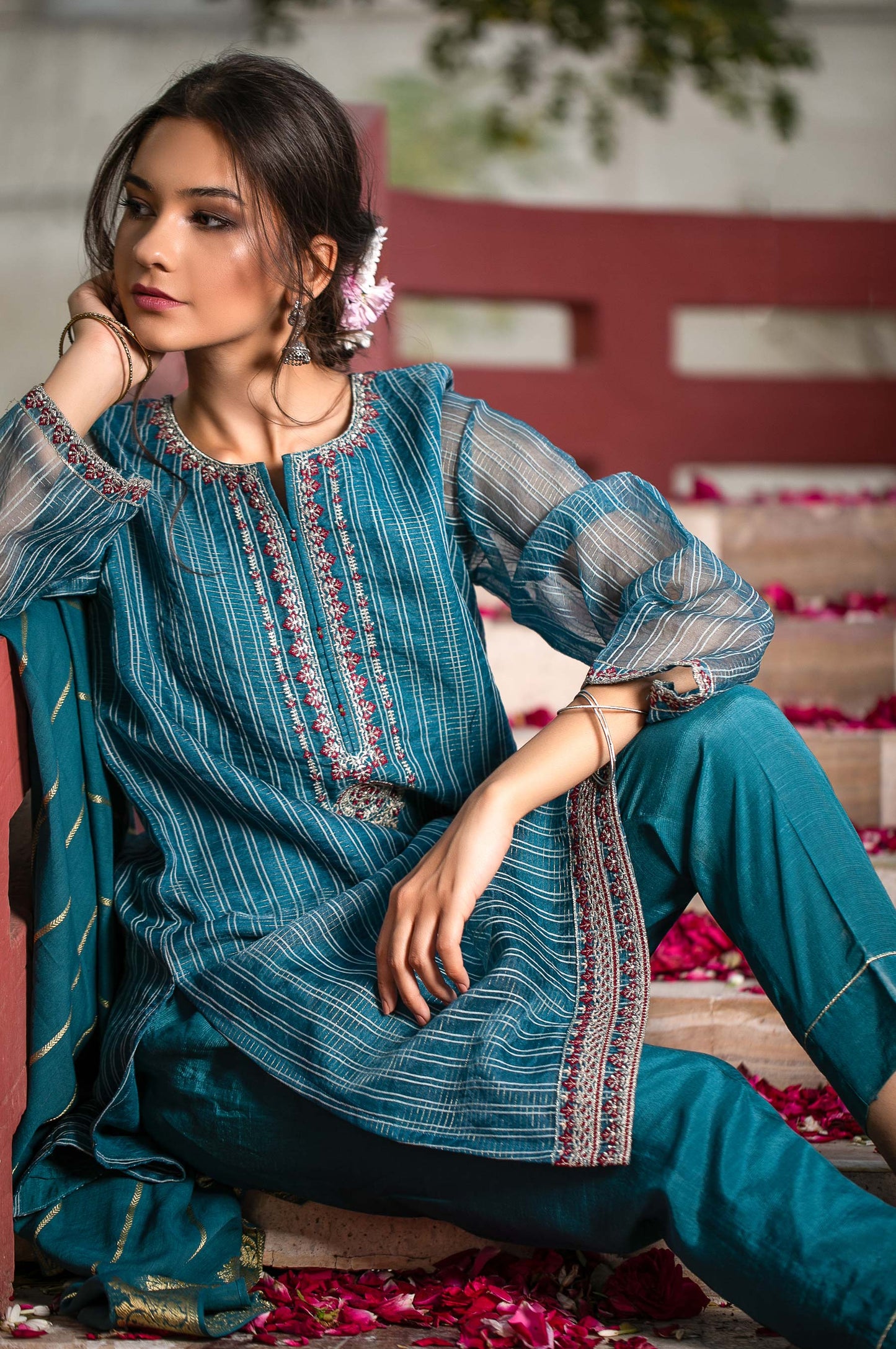 Stitched 3 Piece Checkered Organza Embroidered Suit