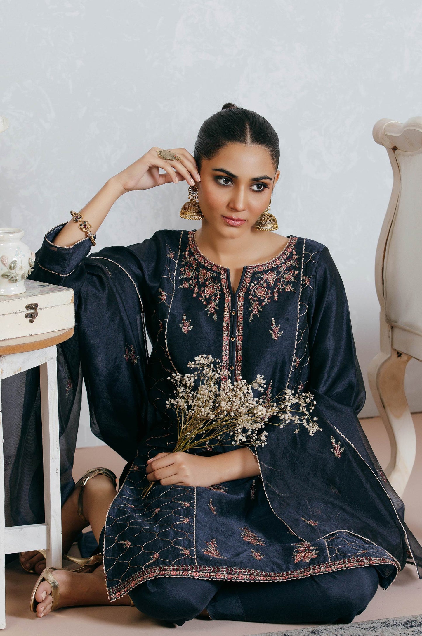 Stitched 3 Piece Organza Embroidered Suit