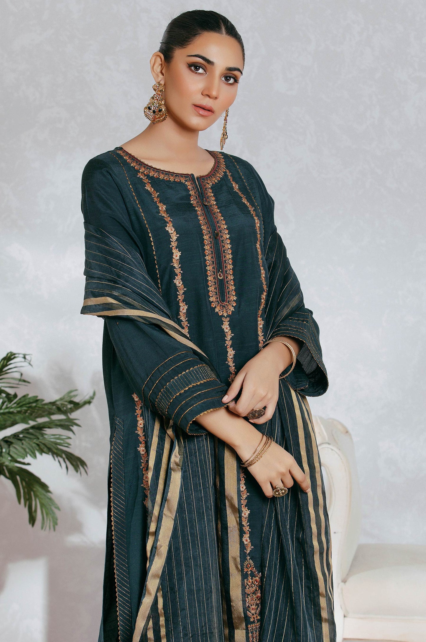 Stitched 3 Piece Raw Silk Embroidered Suit