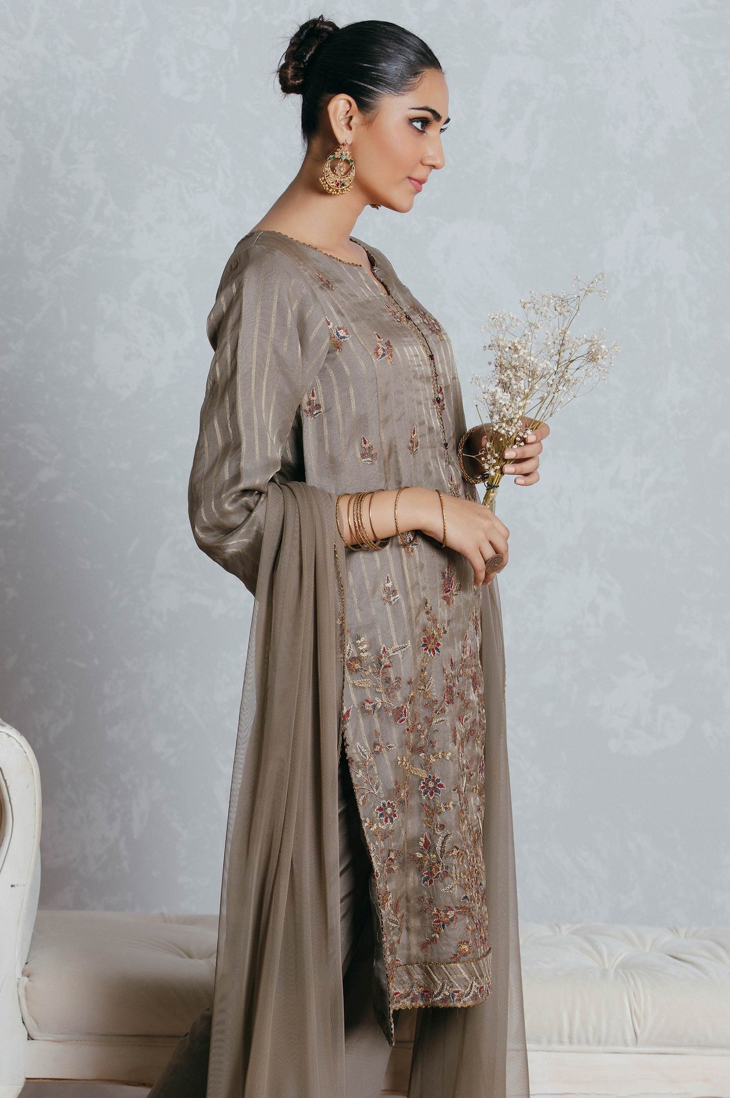 Stitched 3 Piece Striped Organza Embroidered Suit