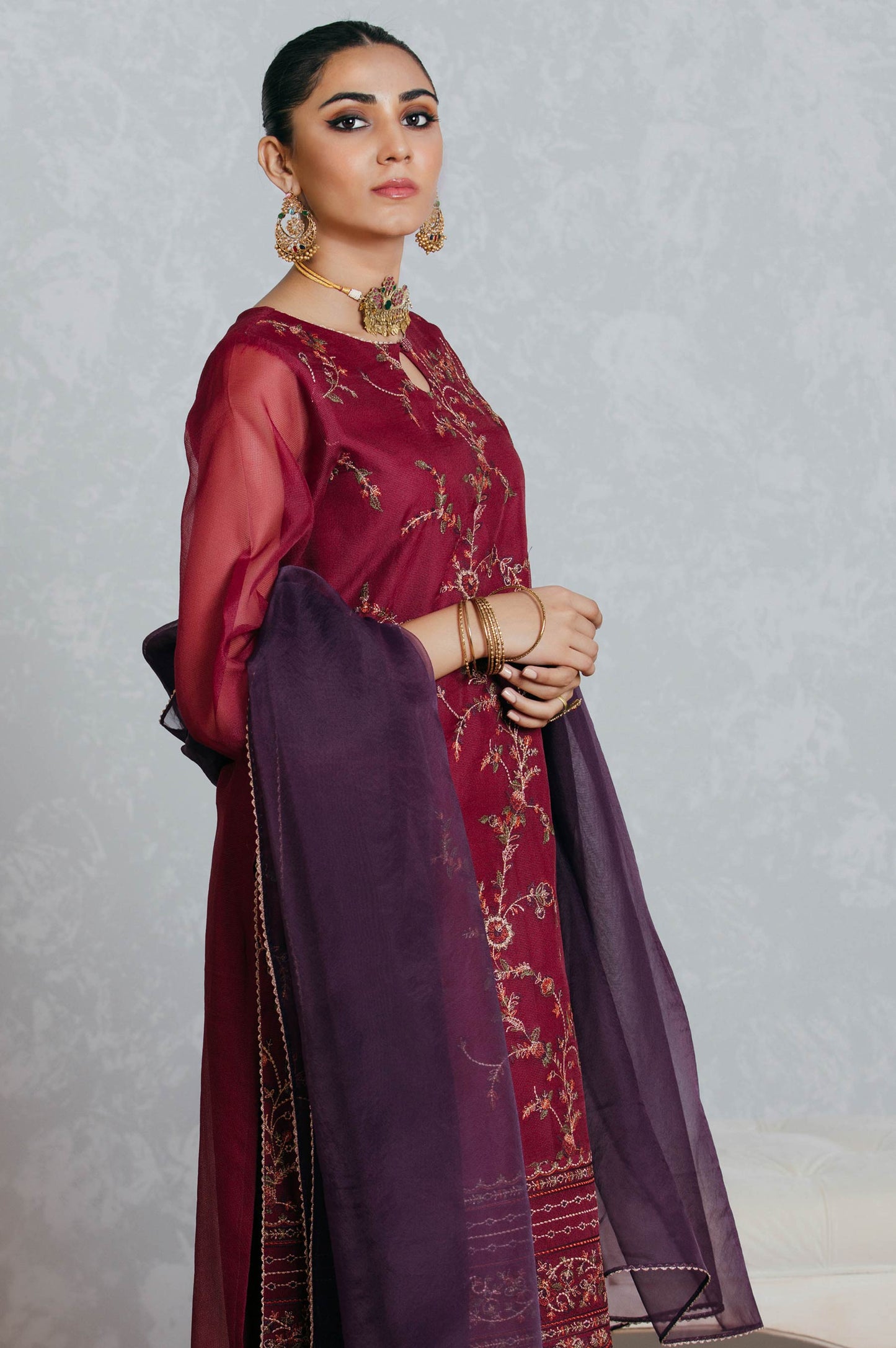 Stitched 3 Piece Textured Organza Embroidered Suit