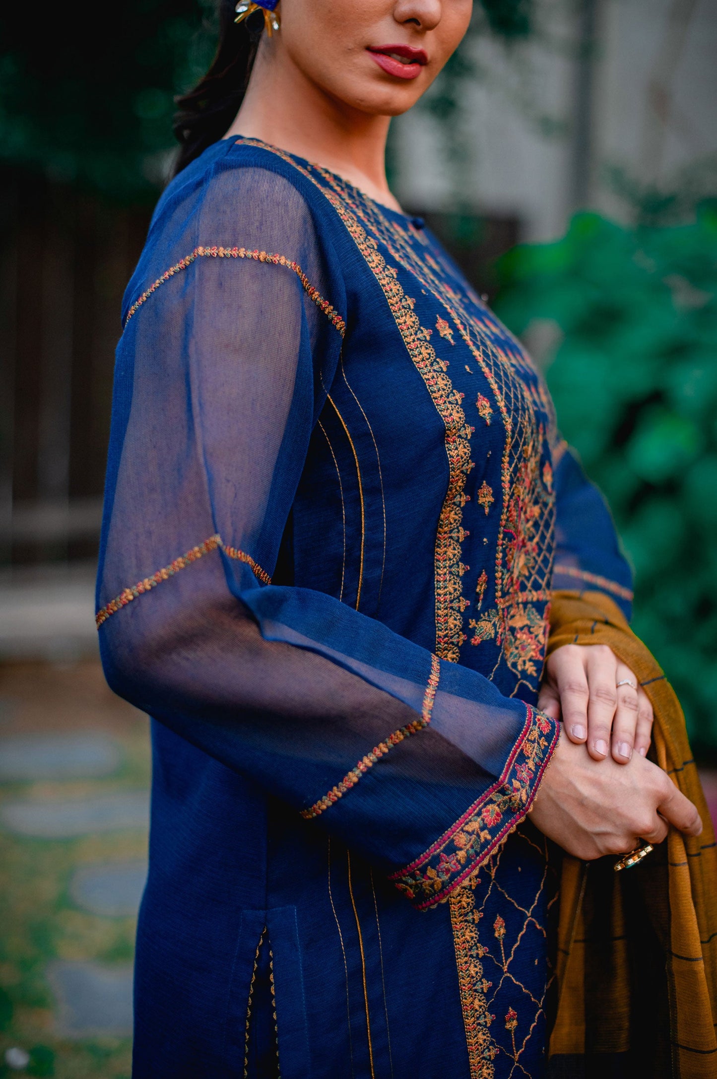 Stitched 3 Piece Khaddi Net Embroidered Suit