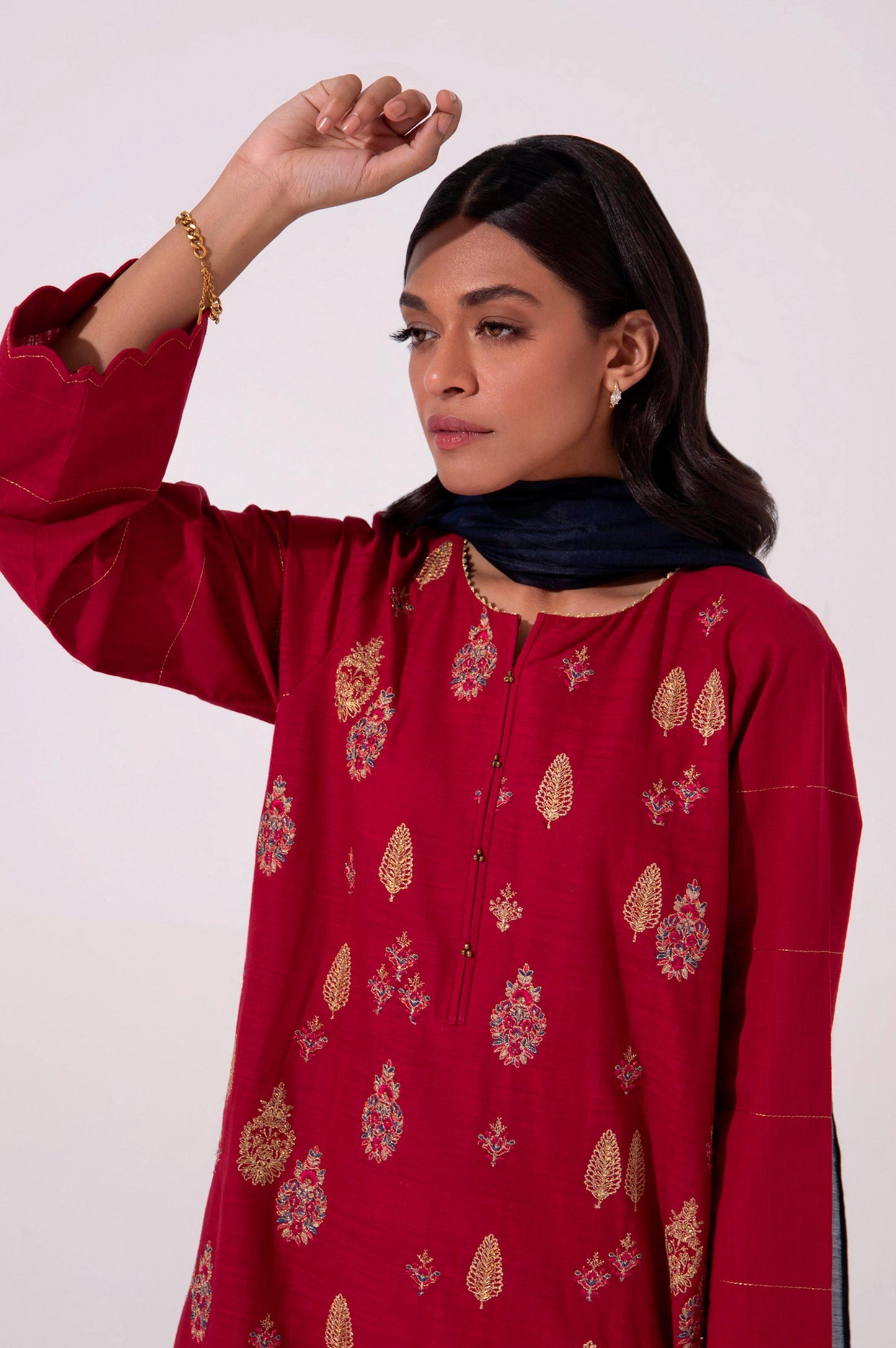 Stitched 3 Piece Cotton Slub Embroidered Outfit