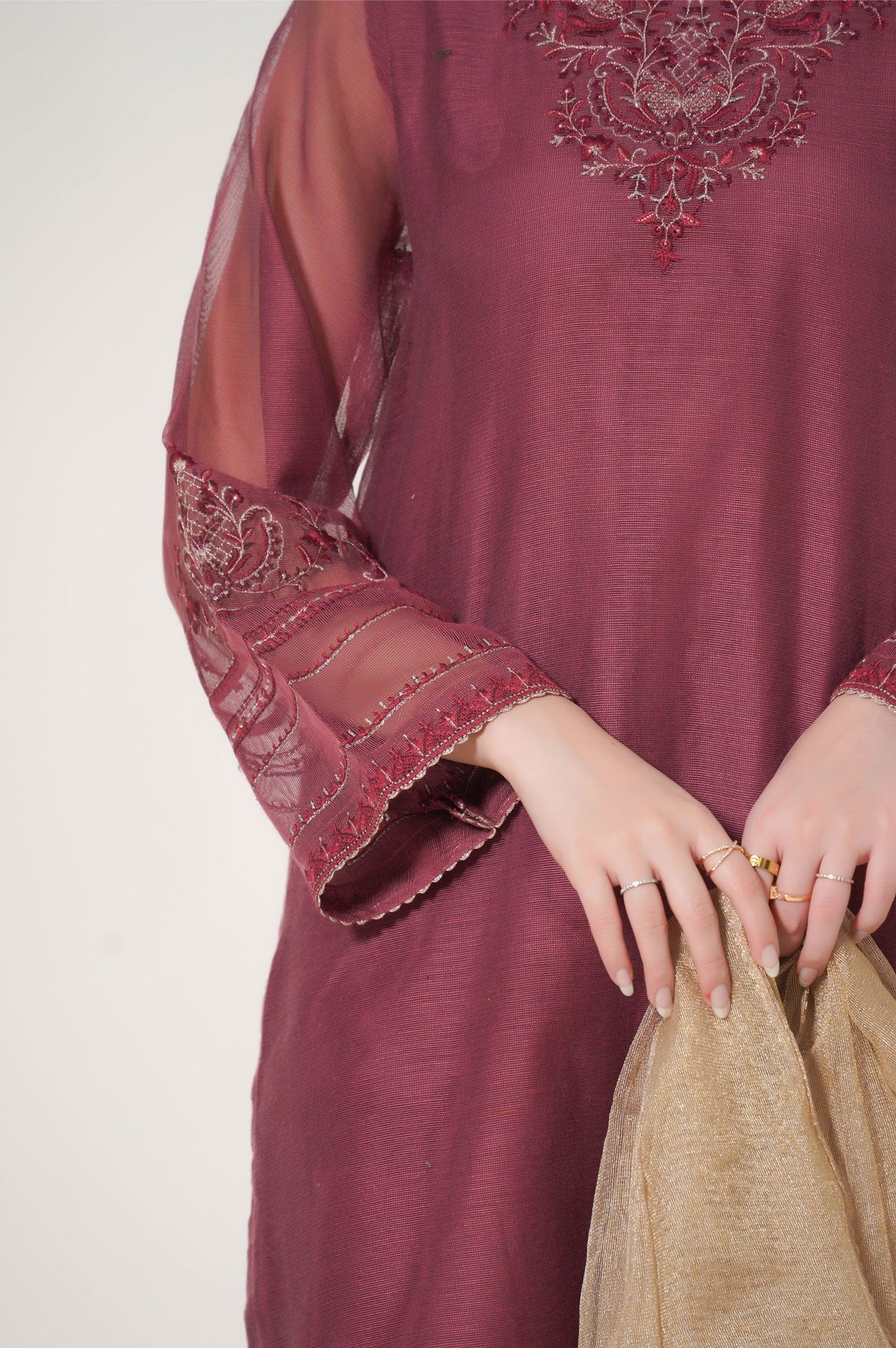 Stitched 3 Piece Embroidered Khaddi Net Outfit