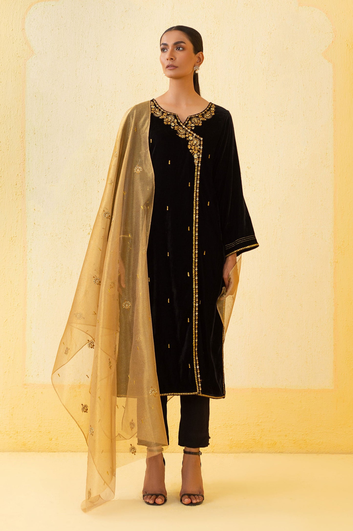 Stitched 3 Piece Embroidered Velvet Outfit - Black