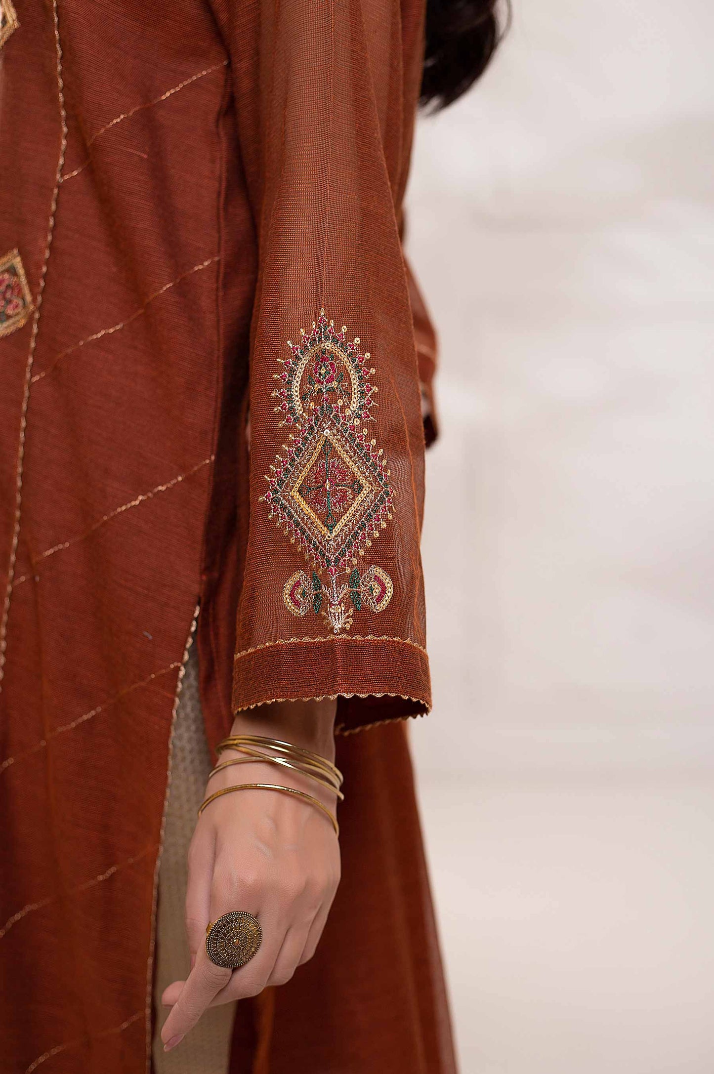 Stitched 1 Piece Khaddi Net Embroidered Shirt