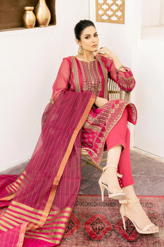 3 Piece Unstitched Embroidered Khaddi Net Suit