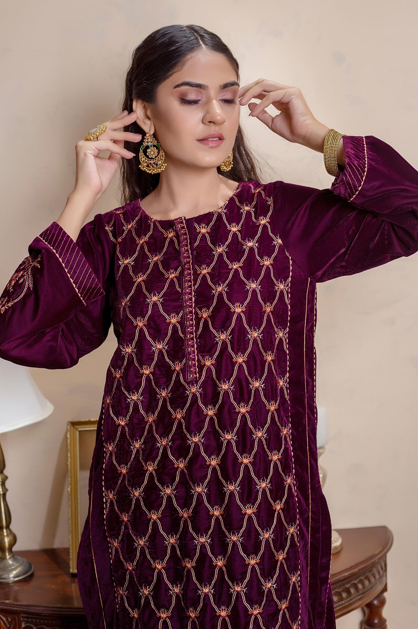 Stitched 1 Piece Velvet Embroidered Shirt