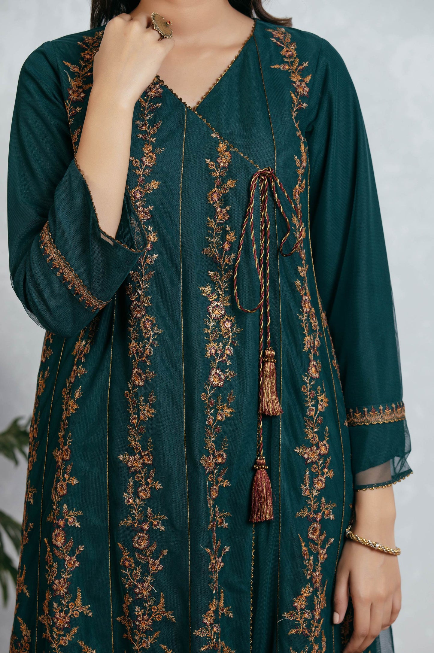 Stitched 1 Piece Net Embroidered Angrakah Shirt