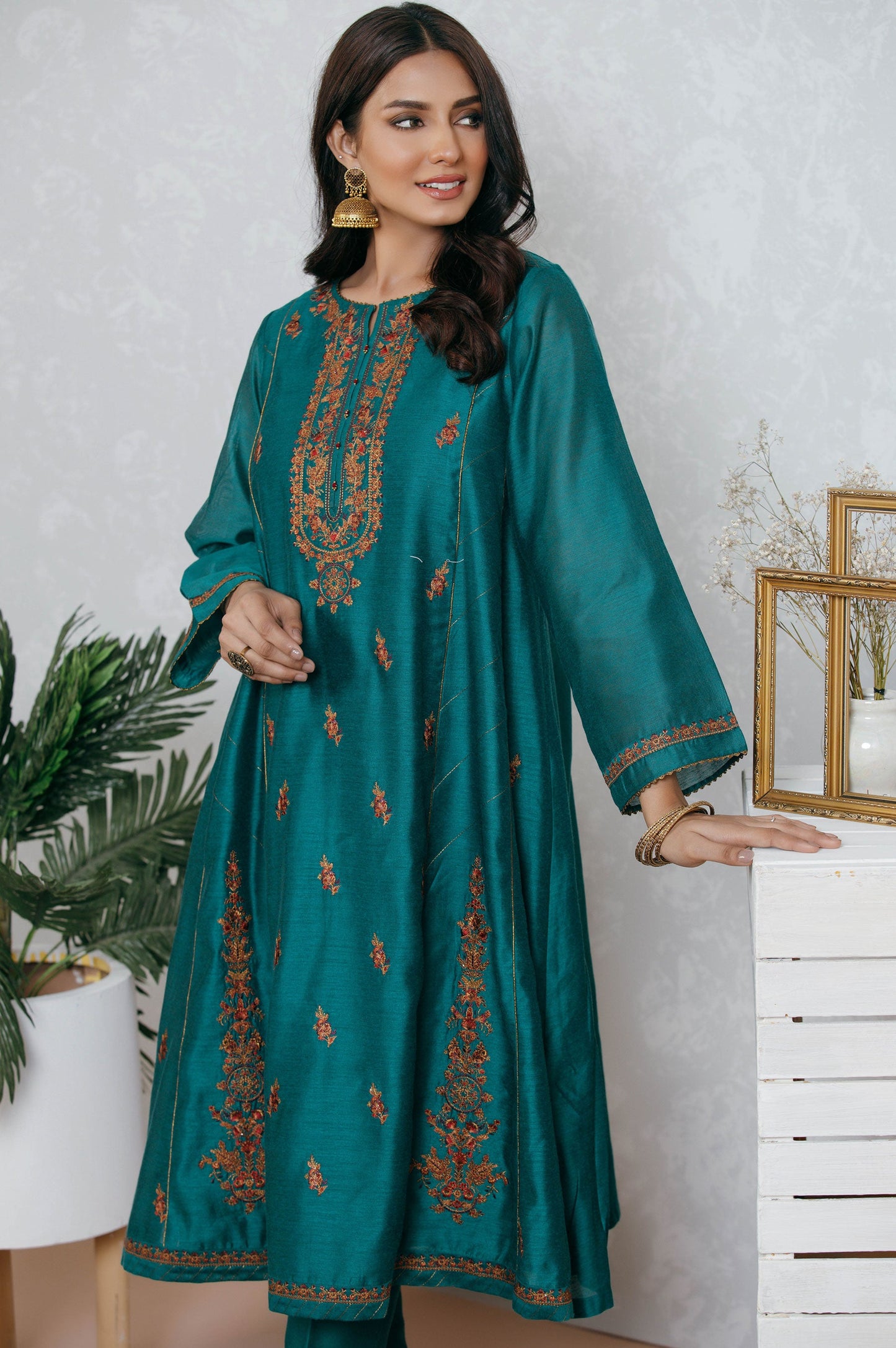 Stitched 2 Piece Cotton Net Embroidered Suit