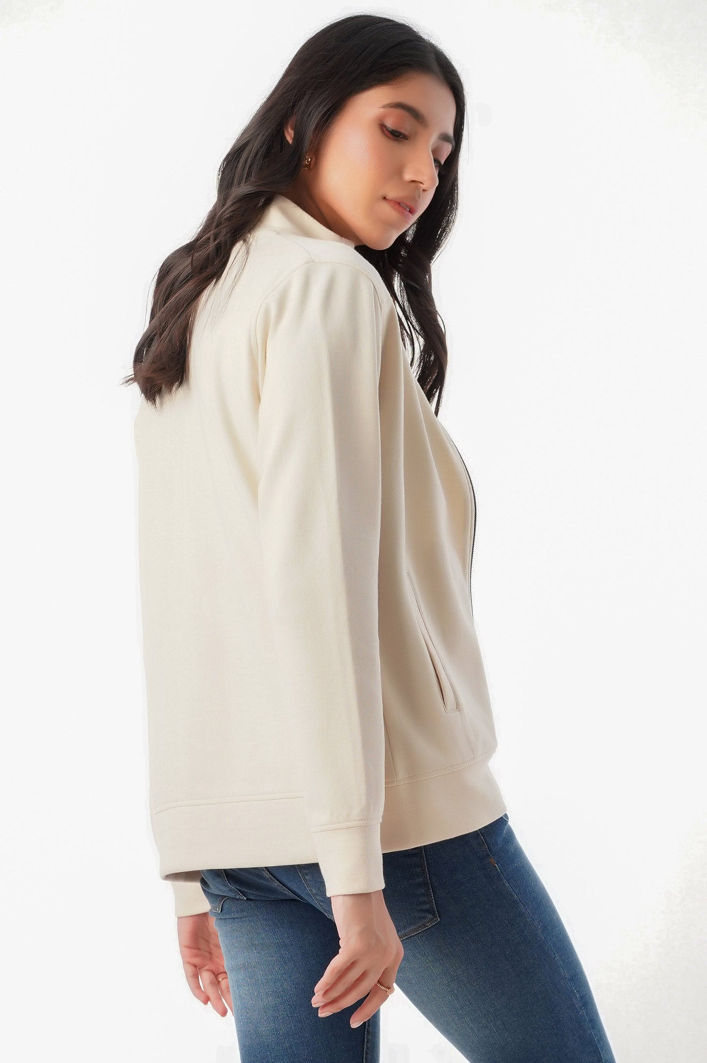 Mock Neck Jacket-Textured Interlock - Cream