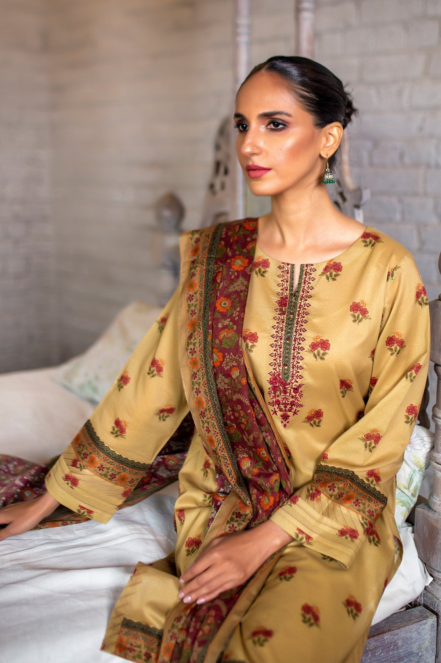 Stitched 3 Piece Embroidered Slub Lawn Suit with Printed Lawn Dupatta