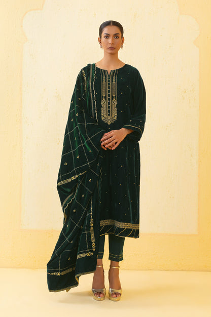 Unstitched 3 Piece Embroidered Velvet Suit - Teal