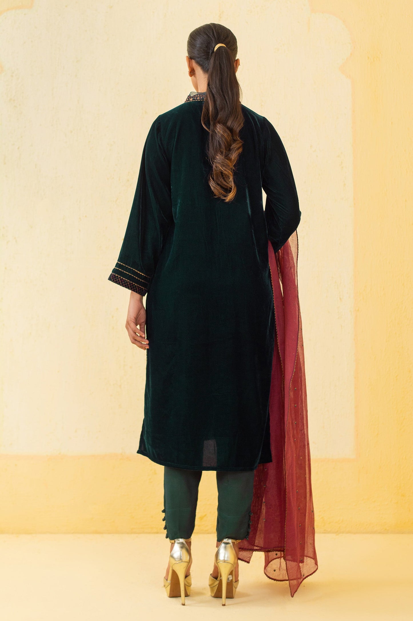 Stitched 3 Piece Embroidered Velvet Suit - Teal Green