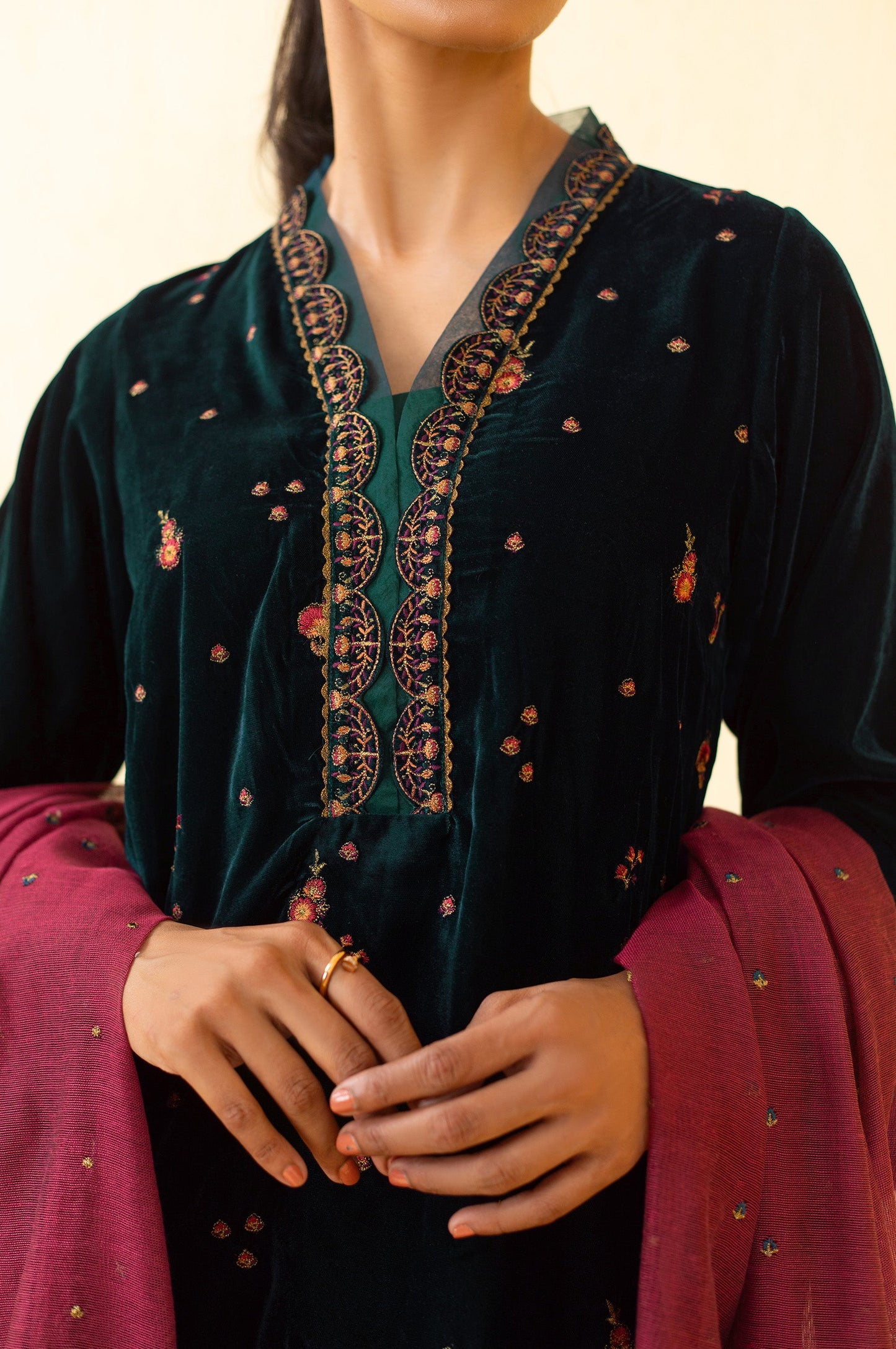 Stitched 3 Piece Embroidered Velvet Suit - Teal Green