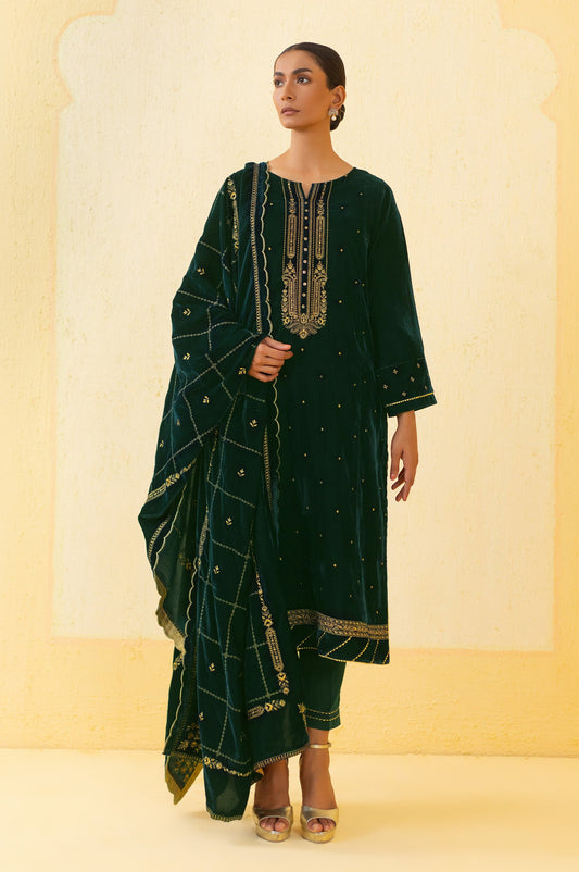 Unstitched 3 Piece Embroidered Velvet Suit - Teal