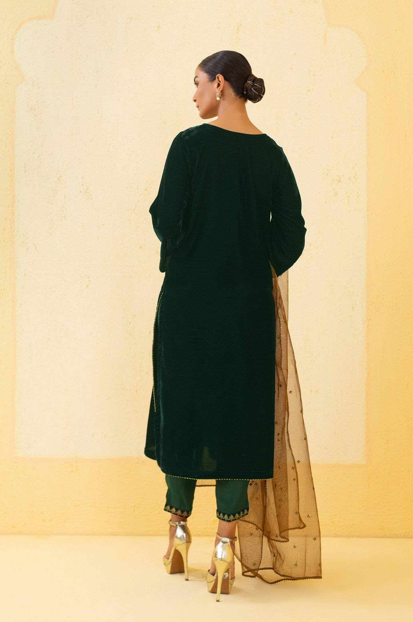 Stitched 3 Piece Embroidered Velvet Suit - Green