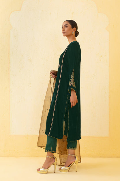 Stitched 3 Piece Embroidered Velvet Suit - Green