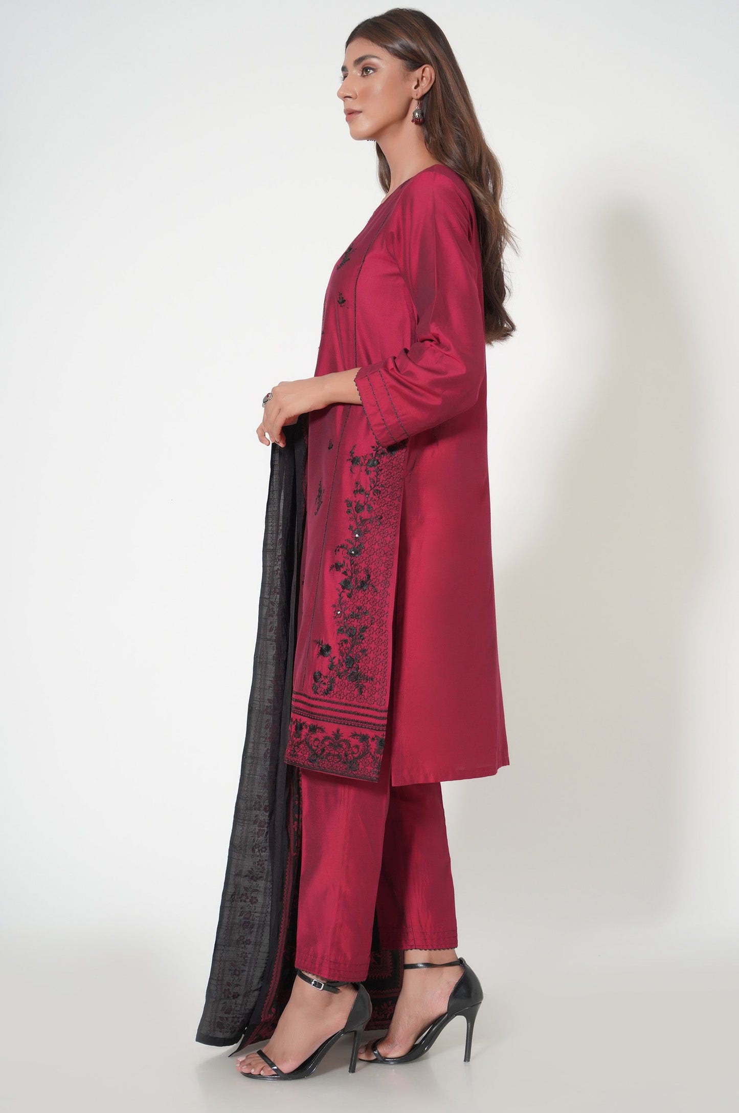 Stitched 3 Piece Embroidered Cotton Silk Outfit