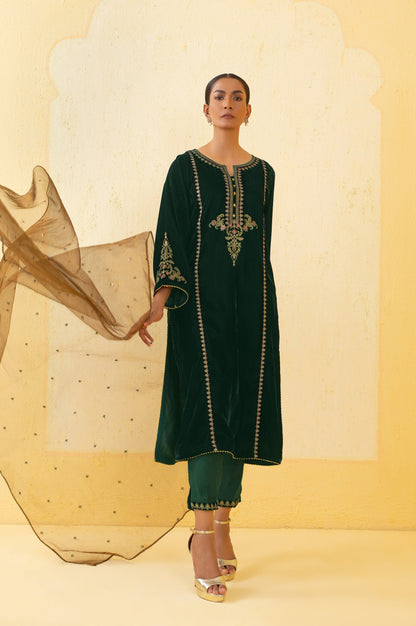 Stitched 3 Piece Embroidered Velvet Suit - Green