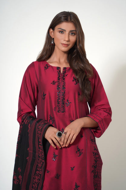 Stitched 3 Piece Embroidered Cotton Silk Outfit