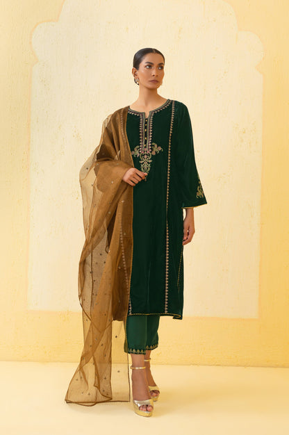Stitched 3 Piece Embroidered Velvet Suit - Green