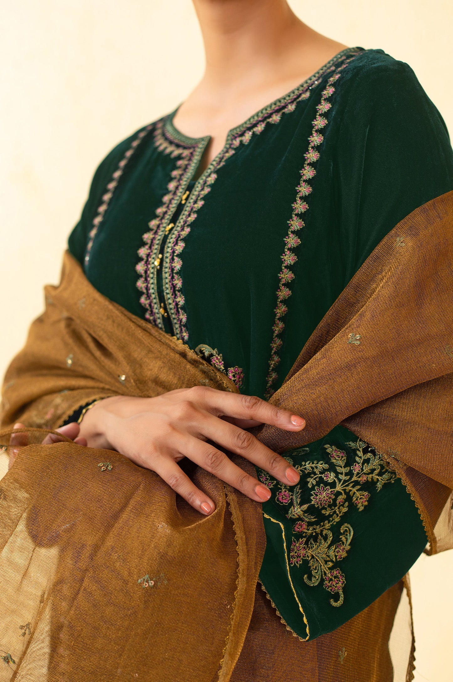 Stitched 3 Piece Embroidered Velvet Suit - Green