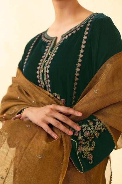 Stitched 3 Piece Embroidered Velvet Suit - Green