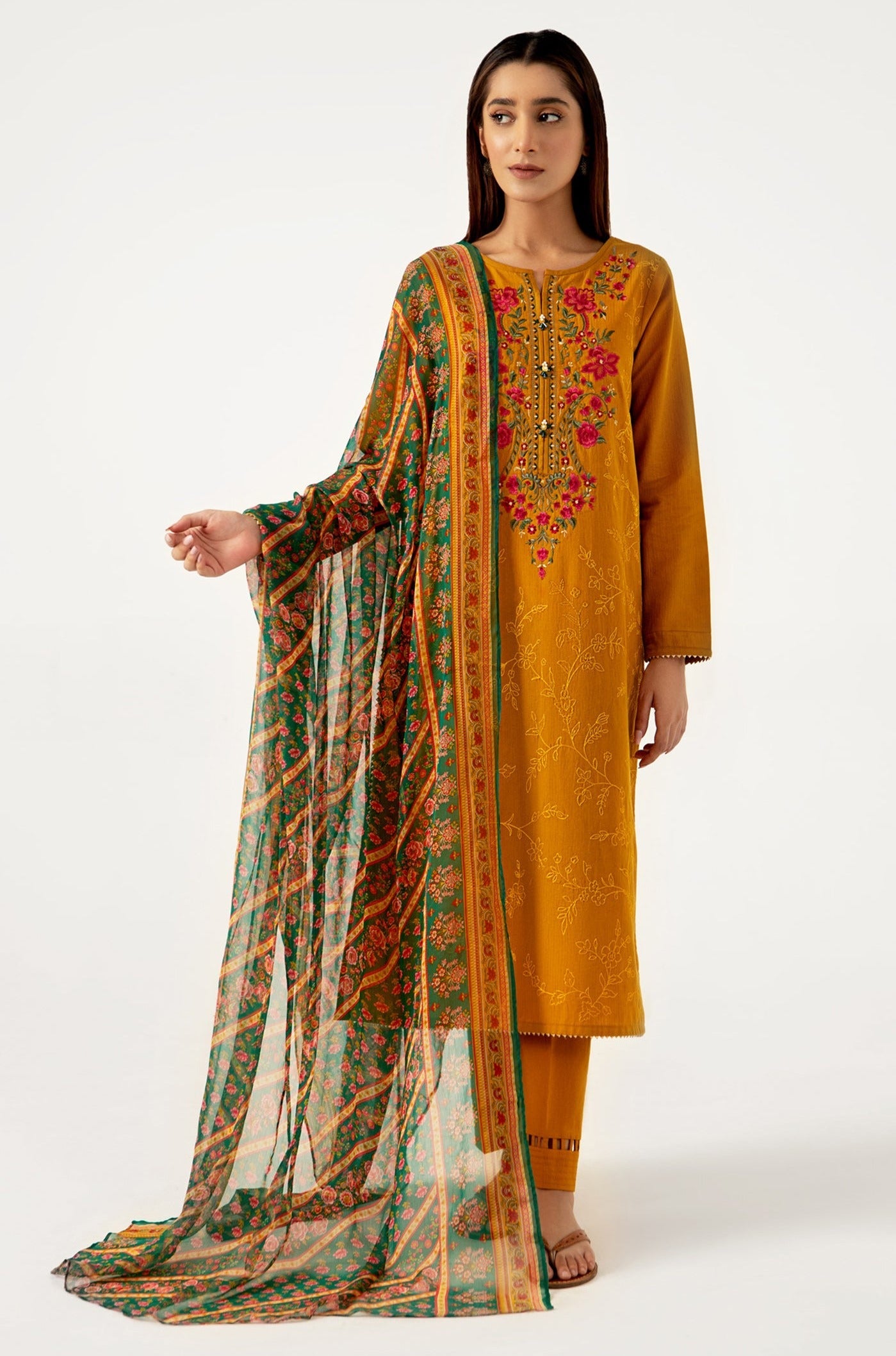 Stitched 3 Piece Dyed Doria Lawn with Chiffon Suit