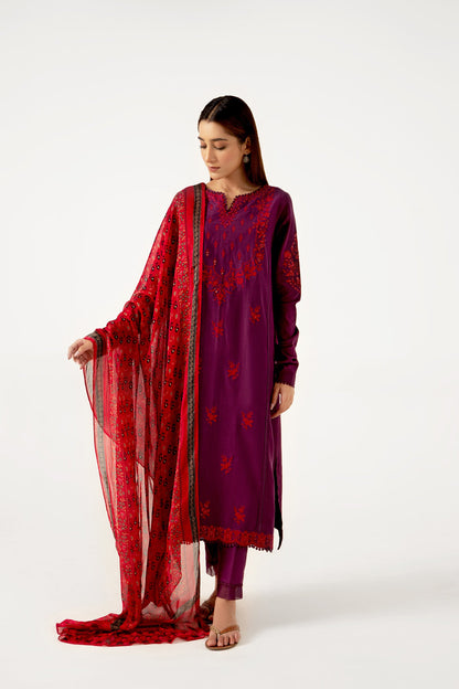 Stitched 3 Piece Dyed Doria Lawn with Tissue Silk Suit