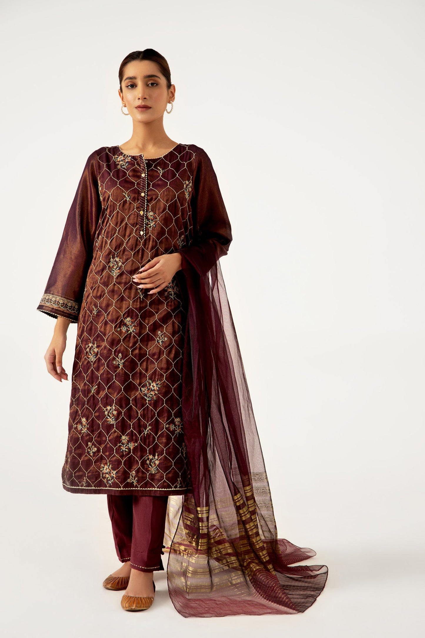 Stitched 3 Piece Cotton Mysuri Embroidered Suit.