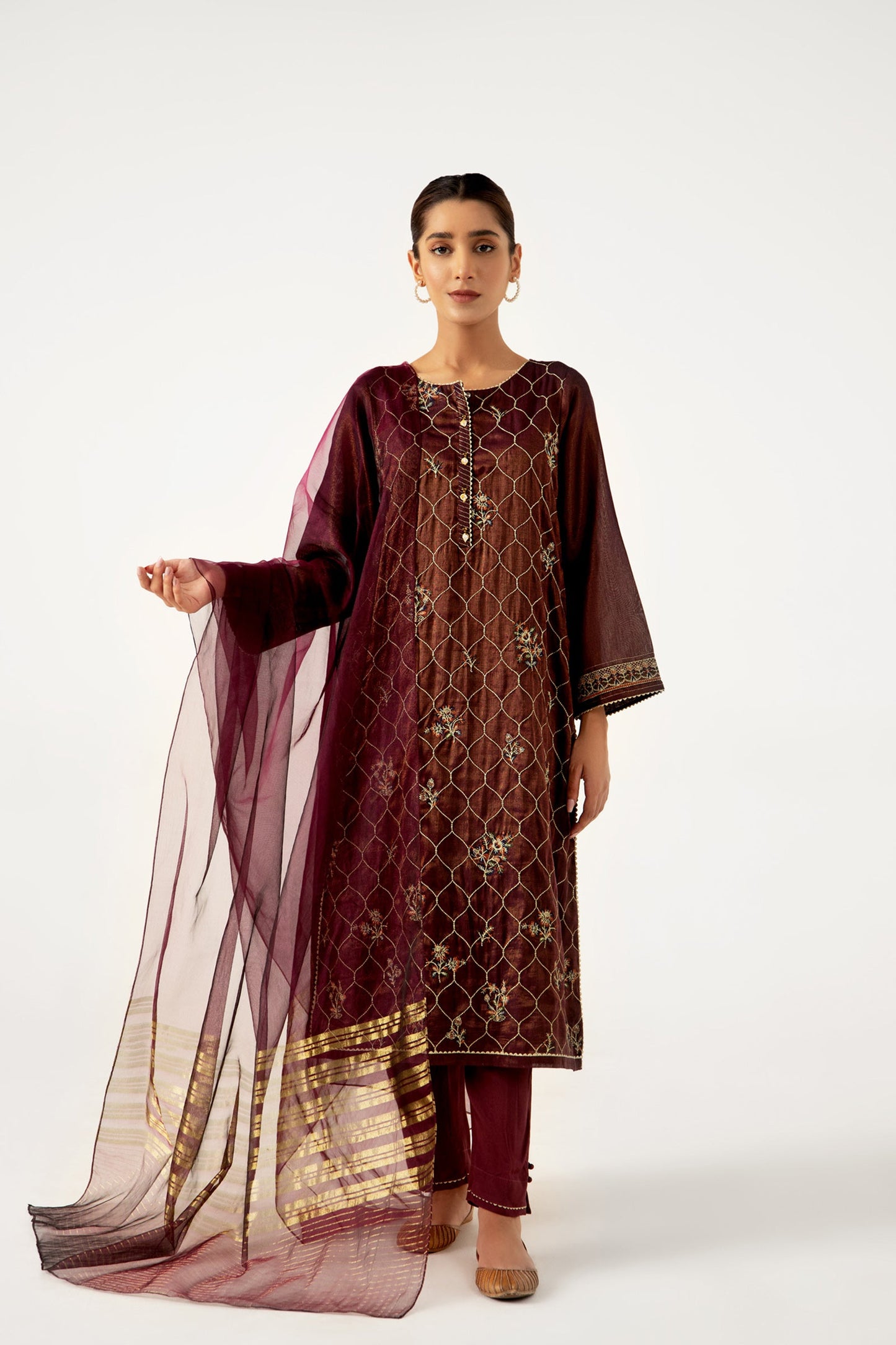 Stitched 3 Piece Cotton Mysuri Embroidered Suit.