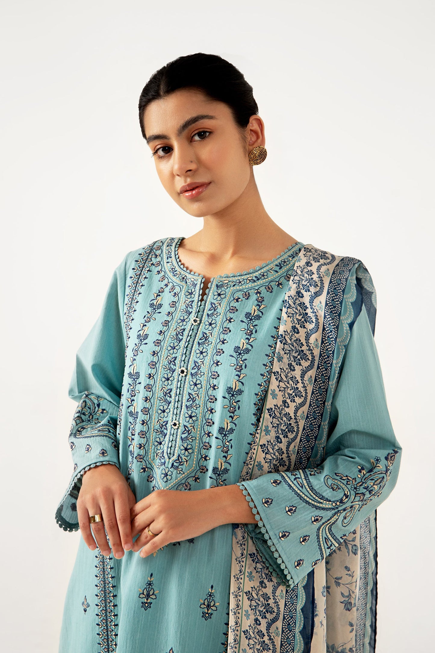 Stitched 3 Piece Dyed Doria Lawn with Tissue Silk Suit