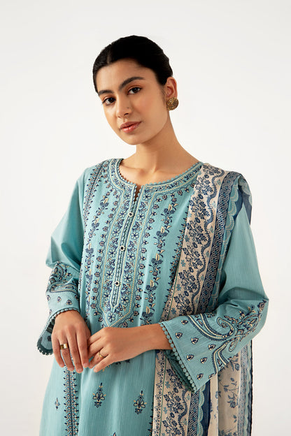 Stitched 3 Piece Dyed Doria Lawn with Tissue Silk Suit