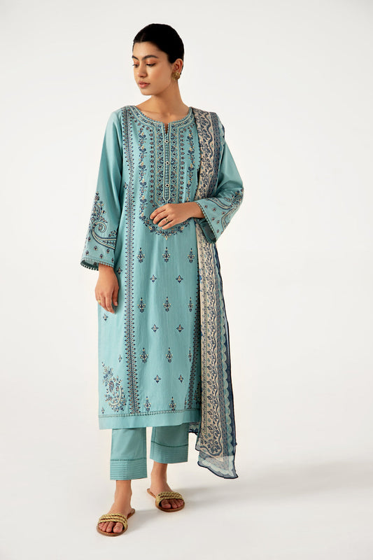 Stitched 3 Piece Dyed Doria Lawn with Tissue Silk Suit