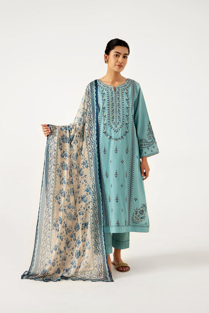 Stitched 3 Piece Dyed Doria Lawn with Tissue Silk Suit