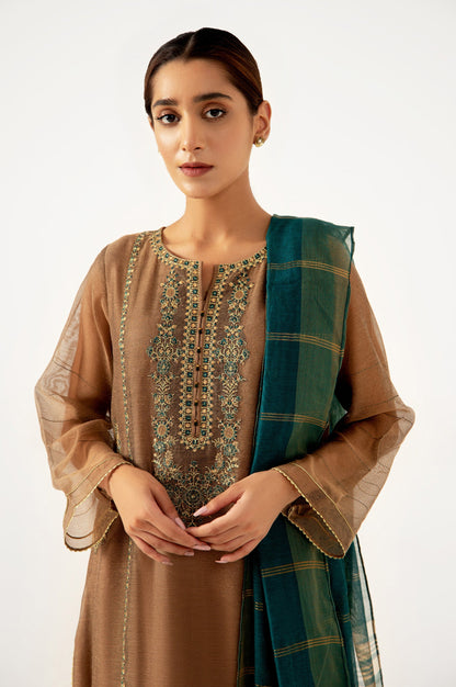 Stitched 3 Pieces Khaddi Net Outfit