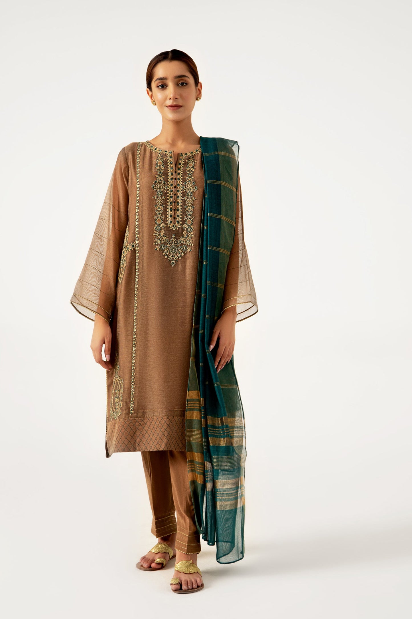 Stitched 3 Pieces Khaddi Net Outfit