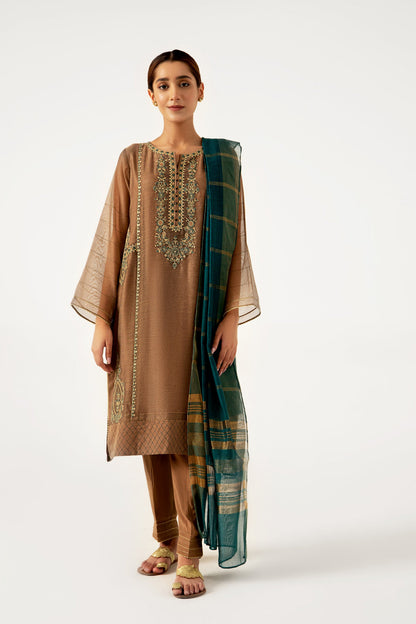 Stitched 3 Pieces Khaddi Net Outfit