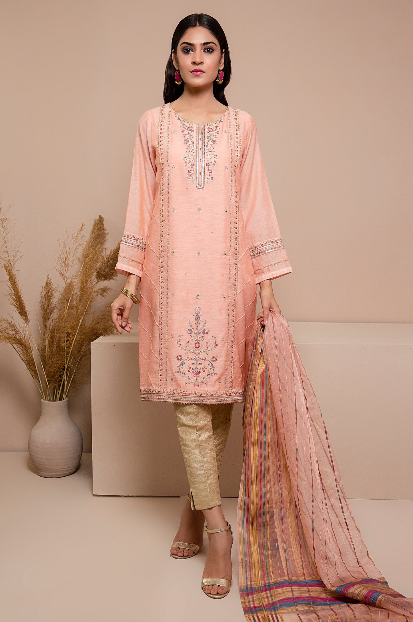 Stitched 2 Piece Staple Embroidered Shirt with Organza Dupatta