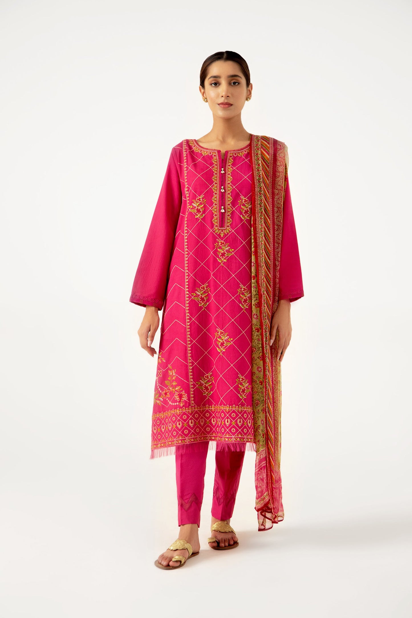 Stitched 3 Piece Dyed Doria Lawn with Chiffon Suit