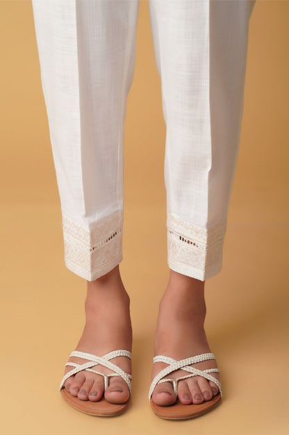 Emboirdered Cotton Slub Cigarette Pants - White
