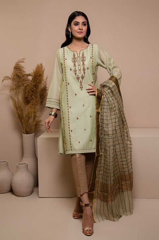 Stitched 2 Piece Paper Silk Embroidered Shirt with Organza Dupatta
