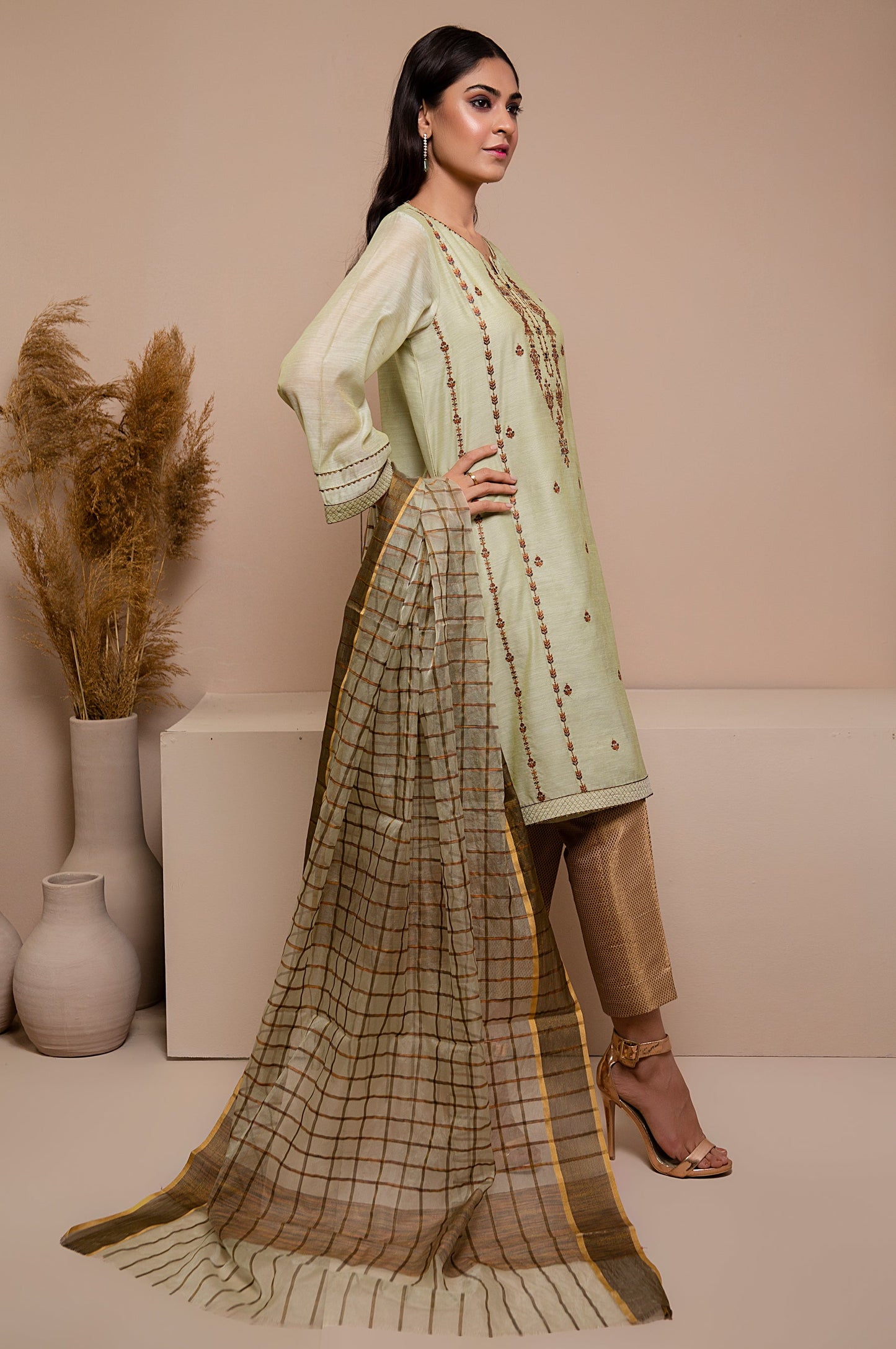 Stitched 2 Piece Paper Silk Embroidered Shirt with Organza Dupatta