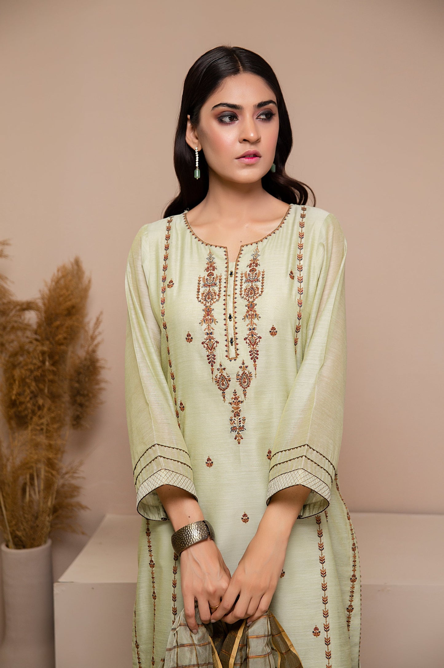 Stitched 2 Piece Paper Silk Embroidered Shirt with Organza Dupatta