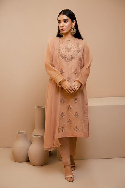 Stitched 3 Piece Check Organza Embroidered Shirt with Poly Net Dupatta