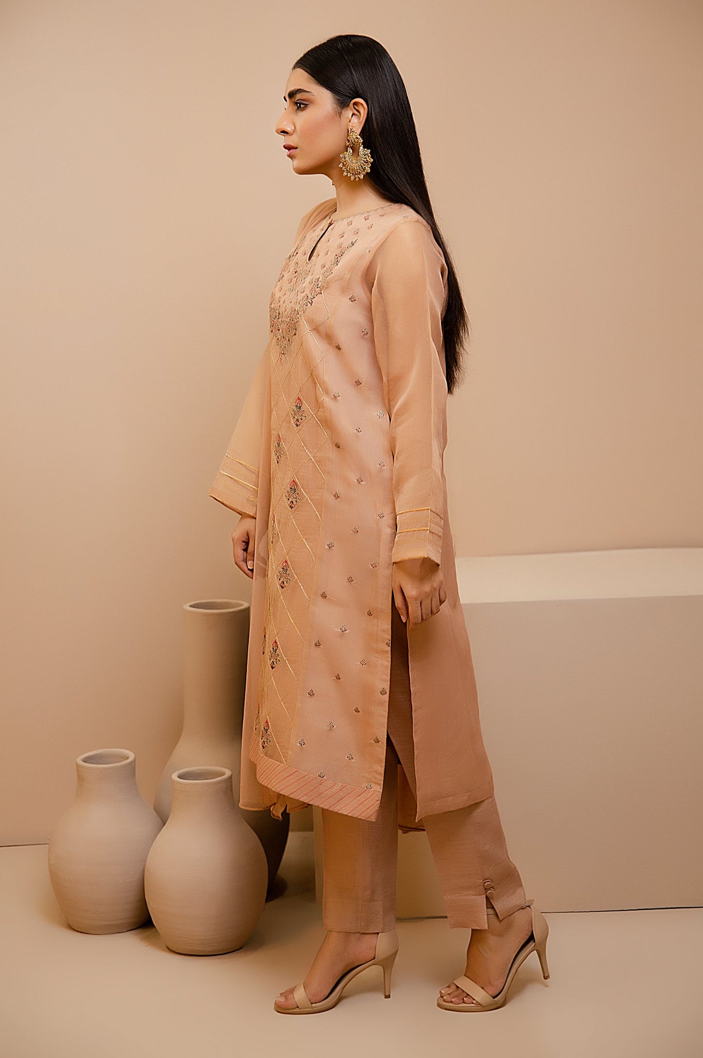 Stitched 3 Piece Check Organza Embroidered Shirt with Poly Net Dupatta