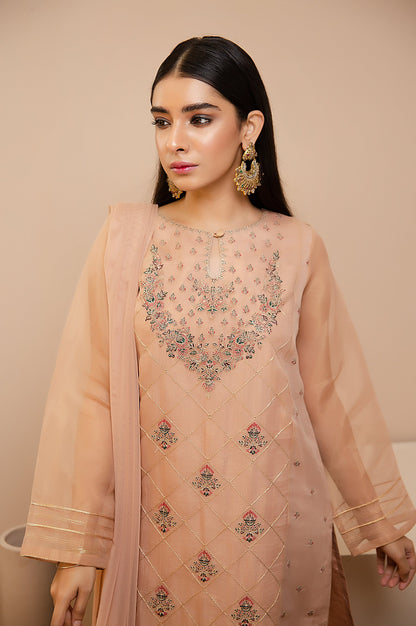 Stitched 3 Piece Check Organza Embroidered Shirt with Poly Net Dupatta