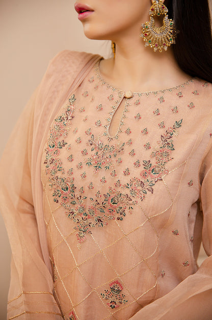 Stitched 3 Piece Check Organza Embroidered Shirt with Poly Net Dupatta