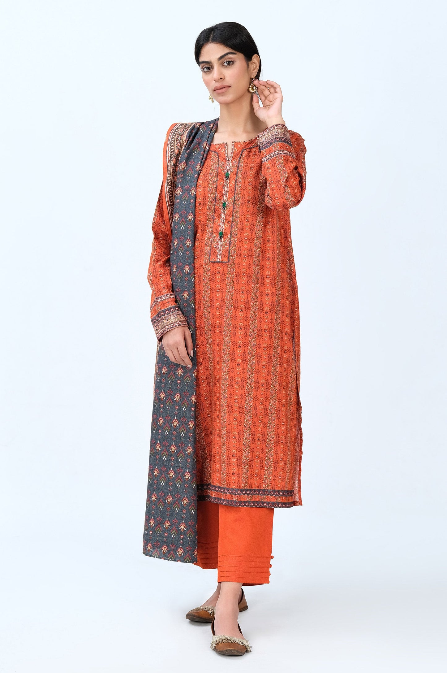 Stitched 3 Piece Printed Karandi Suit